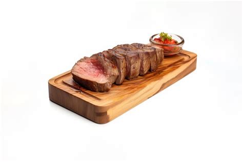 Premium AI Image A Wooden Plate Of Beef Steak Grilled With Sauce