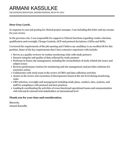 Clinical Project Manager Cover Letter Velvet Jobs