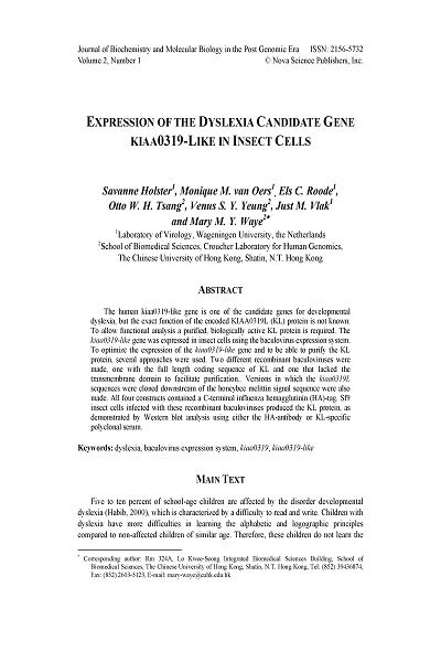 Expression Of The Dyslexia Candidate Gene Kiaa Like In Insect Cells