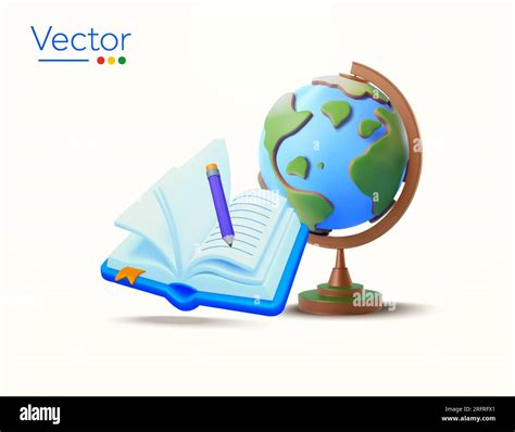 3d Opened Notebook With Writing Pencil Globe Or Earth Isolated On