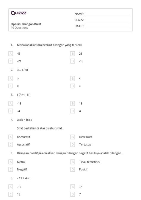 Lembar Kerja Operasi Dengan Bilangan Bulat Untuk Kelas Di Quizizz