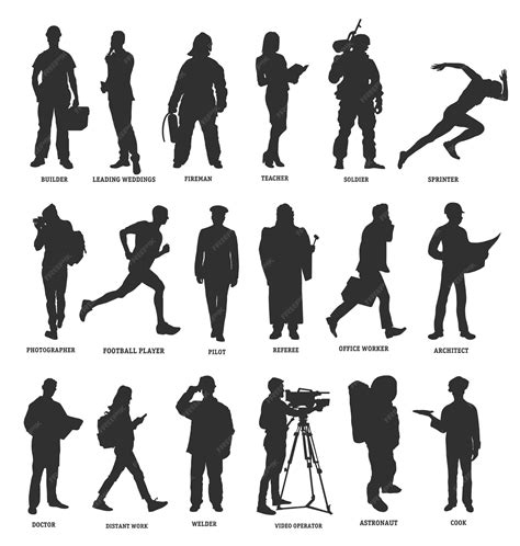 Conjunto vetorial de silhuetas de diferentes profissões em imagem
