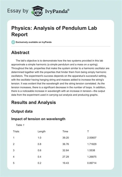 Physics: Analysis of Pendulum Lab Report - 587 Words | Report Example