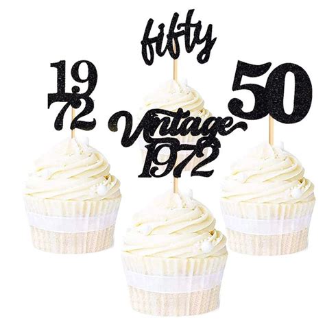 48pcs Black Glitter 50th Birthday Cupcake Toppers 50th Birthday