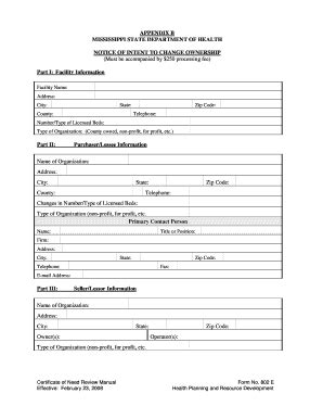 Fillable Online Msdh Ms NOTICE OF INTENT TO CHANGE OWNERSHIP Msdh Ms