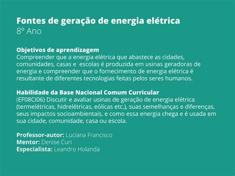 Plano de Aula 8º Ano Fontes de geração de energia elétrica