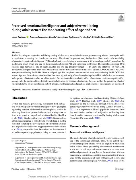 Pdf Perceived Emotional Intelligence And Subjective Well Being During