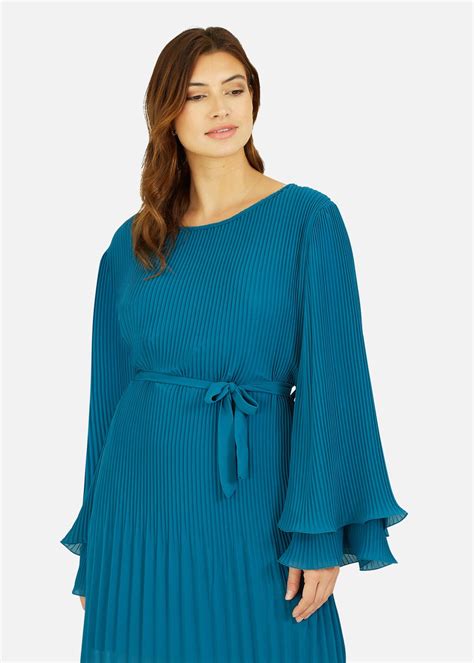 Mela Pleated Dress With Double Fluted Long Sleeves In Teal Matalan