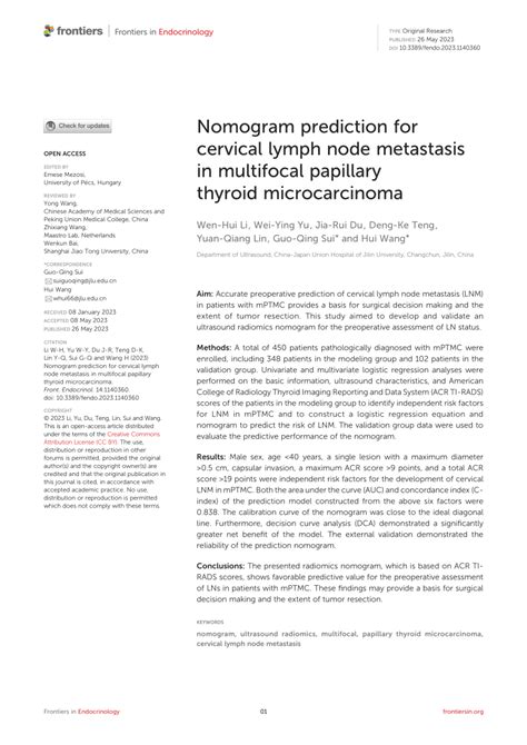 Pdf Nomogram Prediction For Cervical Lymph Node Metastasis In