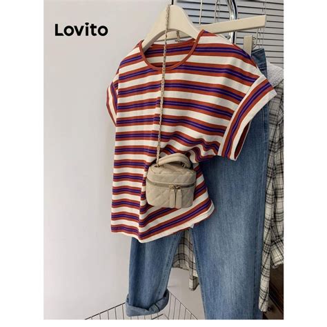 Lovito Casual Striped Colorblock T Shirt For Women Lne Shopee