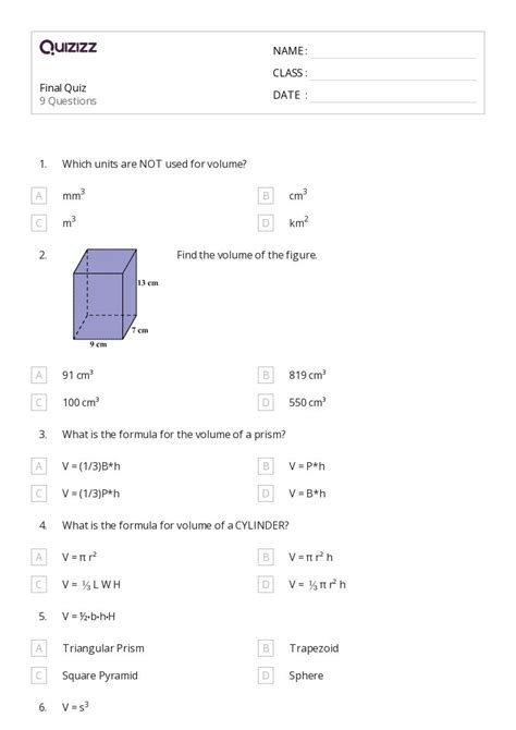 Volume Of A Sphere Worksheets For Th Grade On Quizizz Free