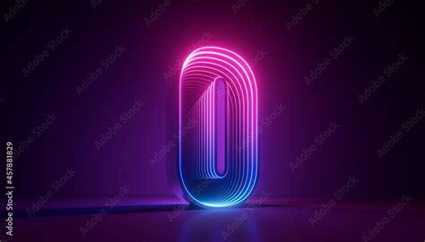 3d render, number null, digital zero symbol, pink blue gradient neon ...