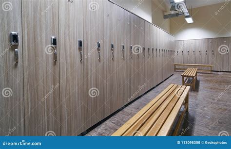 Locker Room with Wood Benches and Wooden Lockers Stock Photo - Image of ...