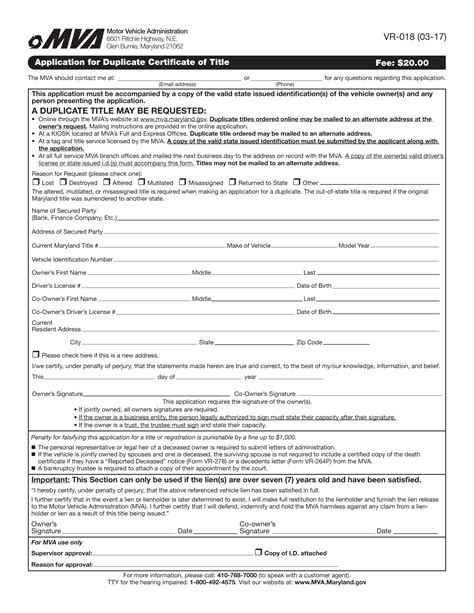 Md Mva Form Vr 018 Application For Duplicate Certificate Of Title Forms Docs 2023