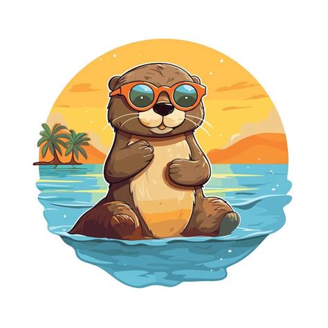 Premium Vector | Otter cute funny cartoon kawaii watercolor beach ...