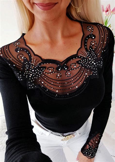 Solid Lace Splicing Bead Blouse Black Fairyseason