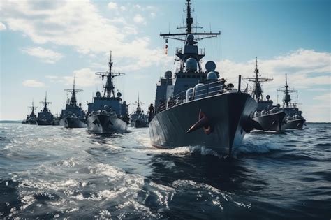 Navios de guerra militares modernos realizando exercícios no mar aberto