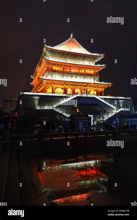 Illuminated Drum Tower Drum Tower At Night Xian Capital Of Shaanxi