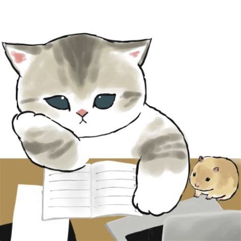 A Drawing Of A Cat Sitting At A Desk With A Mouse In Front Of It