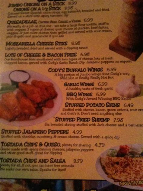 Menu at Cody's Original Roadhouse restaurant, Tampa, W Hillsborough Ave