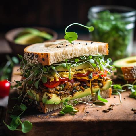 Premium Photo Vegan Sandwich With Tofu Hummus Avocado Tomato And Sprouts