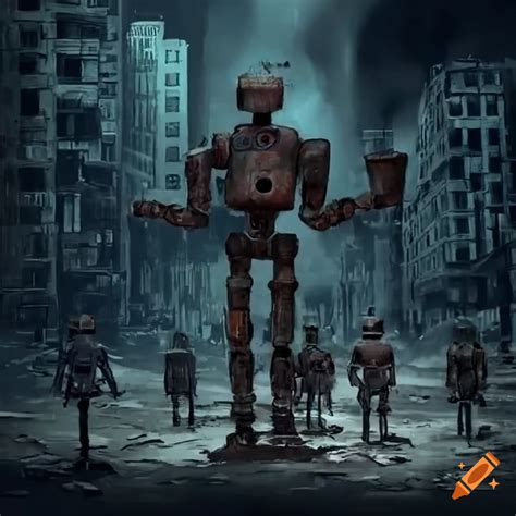 Rusted Humanoid Robots In A Ruined City During Raining Night On Craiyon