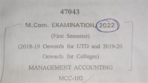 Management Accounting Question Paper 2022 Mcom 1st Year Question