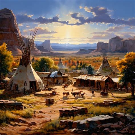 Traditional Native American Village at Sunrise Stock Image - Image of ...