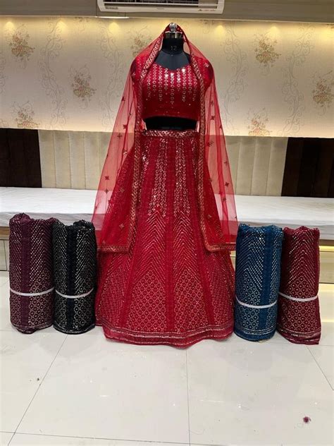 Net Semi Stitched Classic Red Embroidered Wedding Lehenga Choli Size