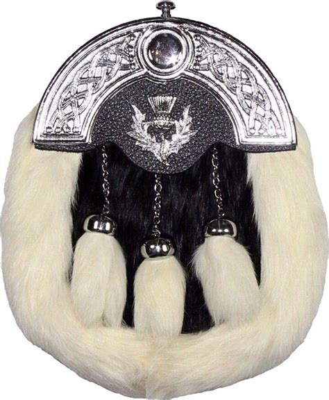 Sitaraz Full Dress Kilt Sporran White And Black Rabbit Fur Thistle Badge