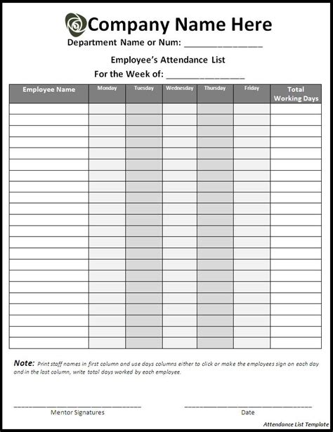 Modèles Microsoft Office Modèle de liste de présence