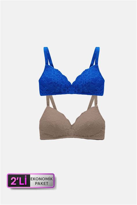 Pierre Cardin 6817 2 li Ekonomik Paket Venedik Desteksiz Nude Saks Mavi Dantelli Sütyen Set