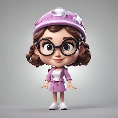 Ilustración en 3D de una niña linda con una gorra púrpura y gafas