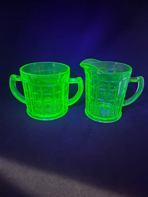 Vintage Hazel Atlas Uranium Glass Creamer And Sugar Bowl Etsy