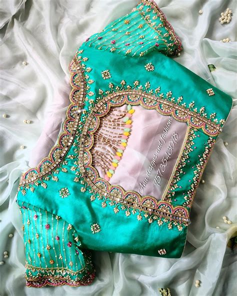 Stunning Sea Green Color Blouse With Bead And Stone Aari Work On