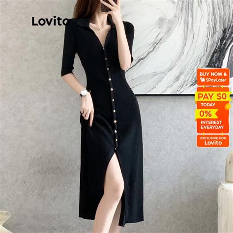 Lovito Elegant Plain Button Front Split Short Sleeve Sweater Dress For