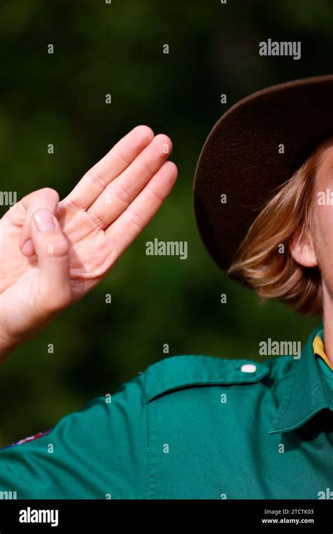 Boy scout in uniform performs three finger salute. Scout symbol hand gesture. France Stock Photo ...