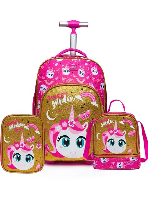 Kit Mochila Rodinha Infantil Unicórnio Feminina Escolar Reforçada