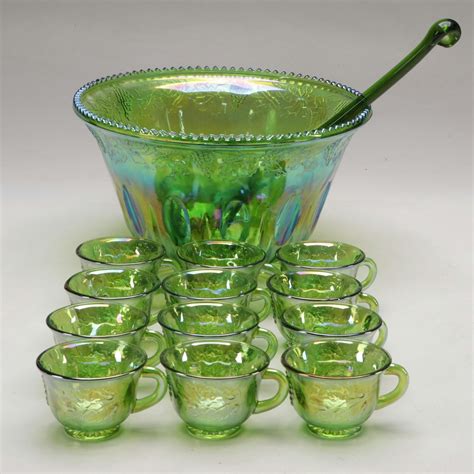 Indiana Glass Princess Green Carnival Glass Punch Bowl Ladle And Cups Ebth