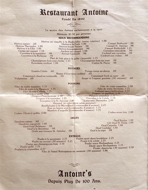 Antoine's Restaurant Centennial Menu (1840 1940) : Antoine's Restaurant ...