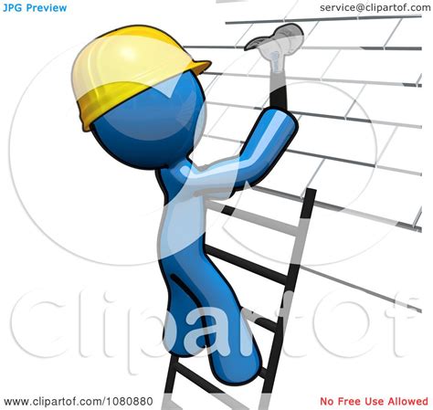 Clipart 3d Blue Man Roofer On A Ladder Hammering Tiles Royalty Free