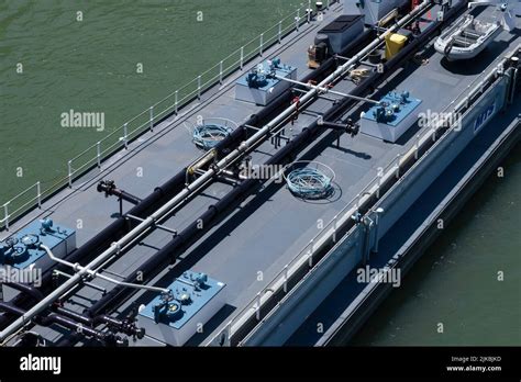 Barge seen from above with pipelines on the deck for industrial ...