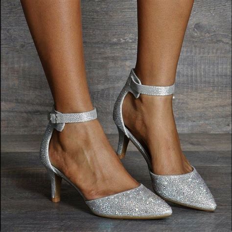 New Glitter Rhinestone Shoes Med Low Kitten Heel Boutique With Images Silver Kitten Heels