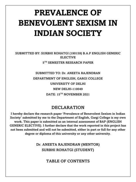 Prevalence Of Benevolent Sexism In Indian Society Final Pdf Sexism