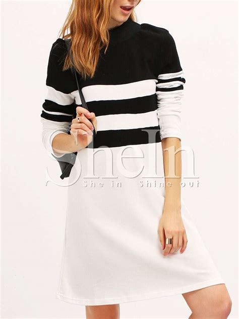 White Black Long Sleeve Color Block Dress Shein Sheinside