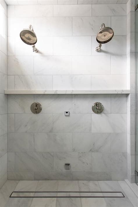 Walk In Marble Shower With Built In Marble Shelf Ledge Transitional