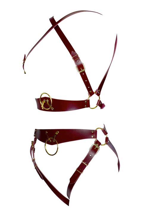 Vanya Leather Harness Set • Art Deco Lingerie Bra • Red And Gold Darkest Fox