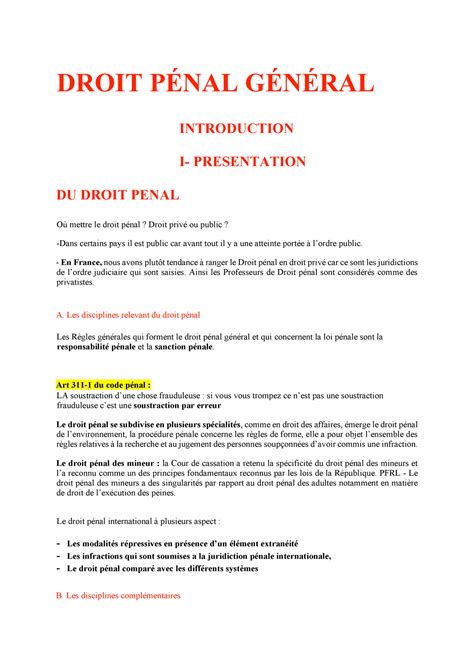 Droit pénal général DROIT PÉNAL GÉNÉRAL INTRODUCTION I PRESENTATION