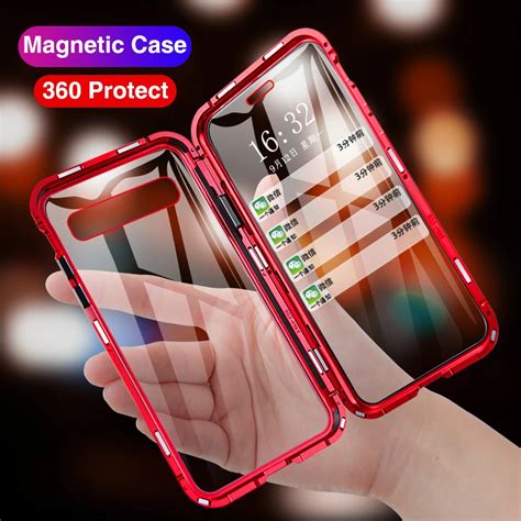 Magnetic Flip Phone Case For Samsung Galaxy S10 Plus 360 Hard Back Covers Tempered Glass For