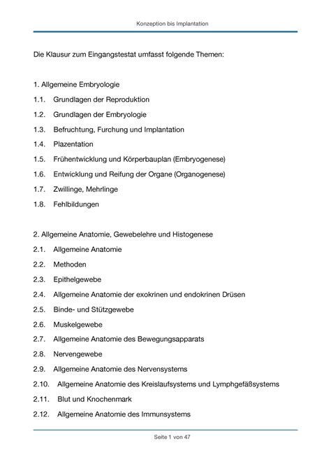 Zusammenfassung zur Embryologie für das Eingangstestat Konzeption bis